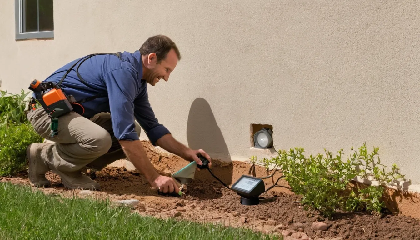 Local provider inspecting a foundation wall for termite mud tubes at a stucco home in Mission Viejo